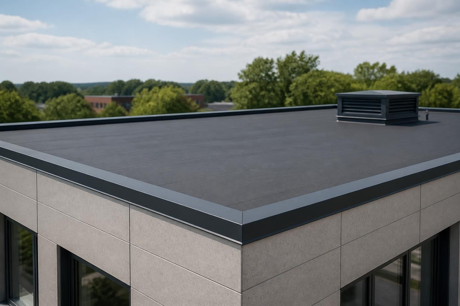 Finished commercial flat roof on a modern building