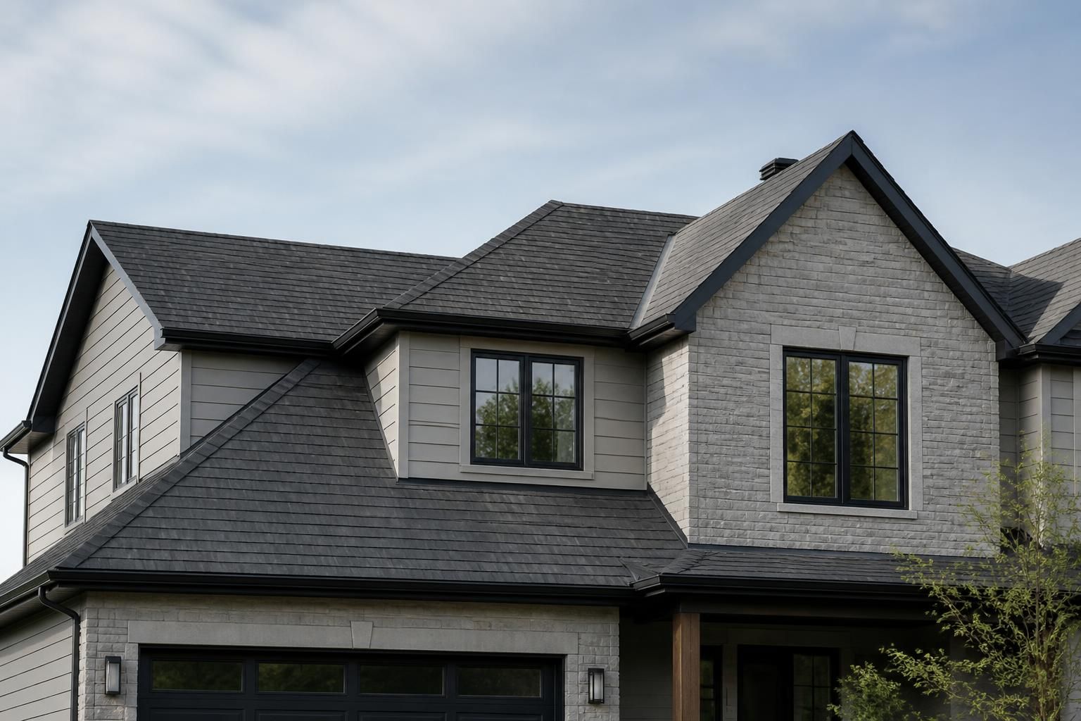 Modern home roofline with clean exterior finishes in natural daylight
