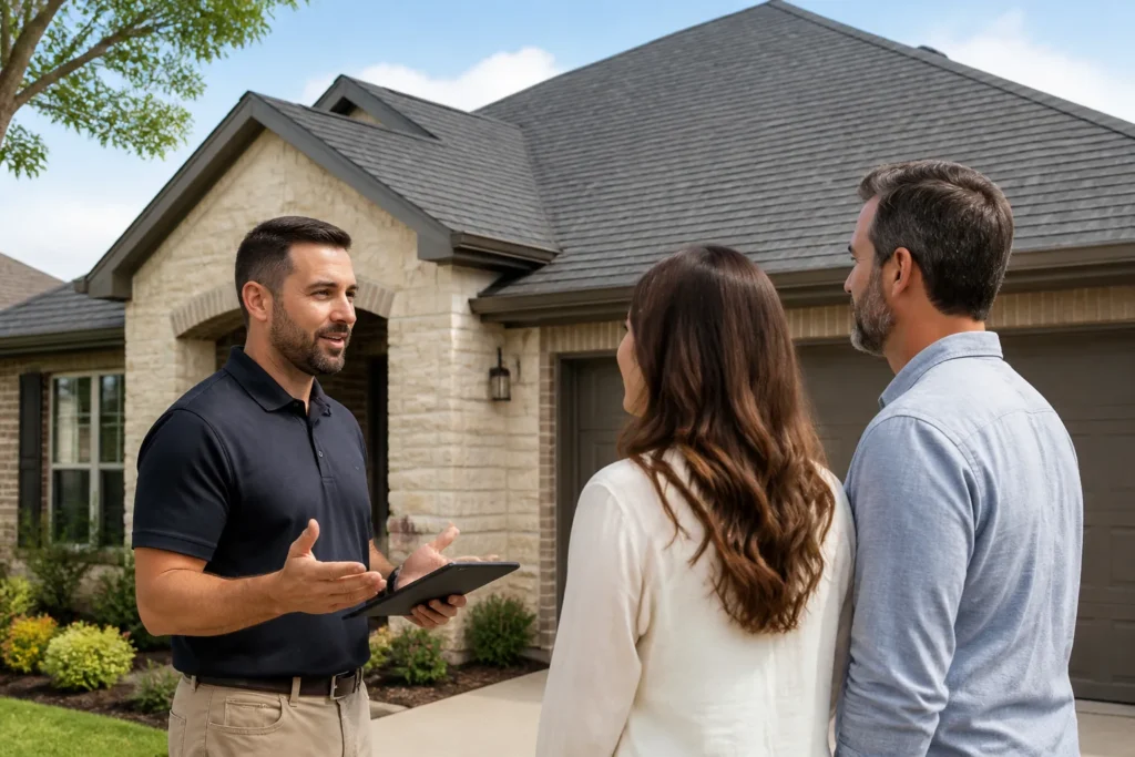 Homeowners discussing residential roofing needs