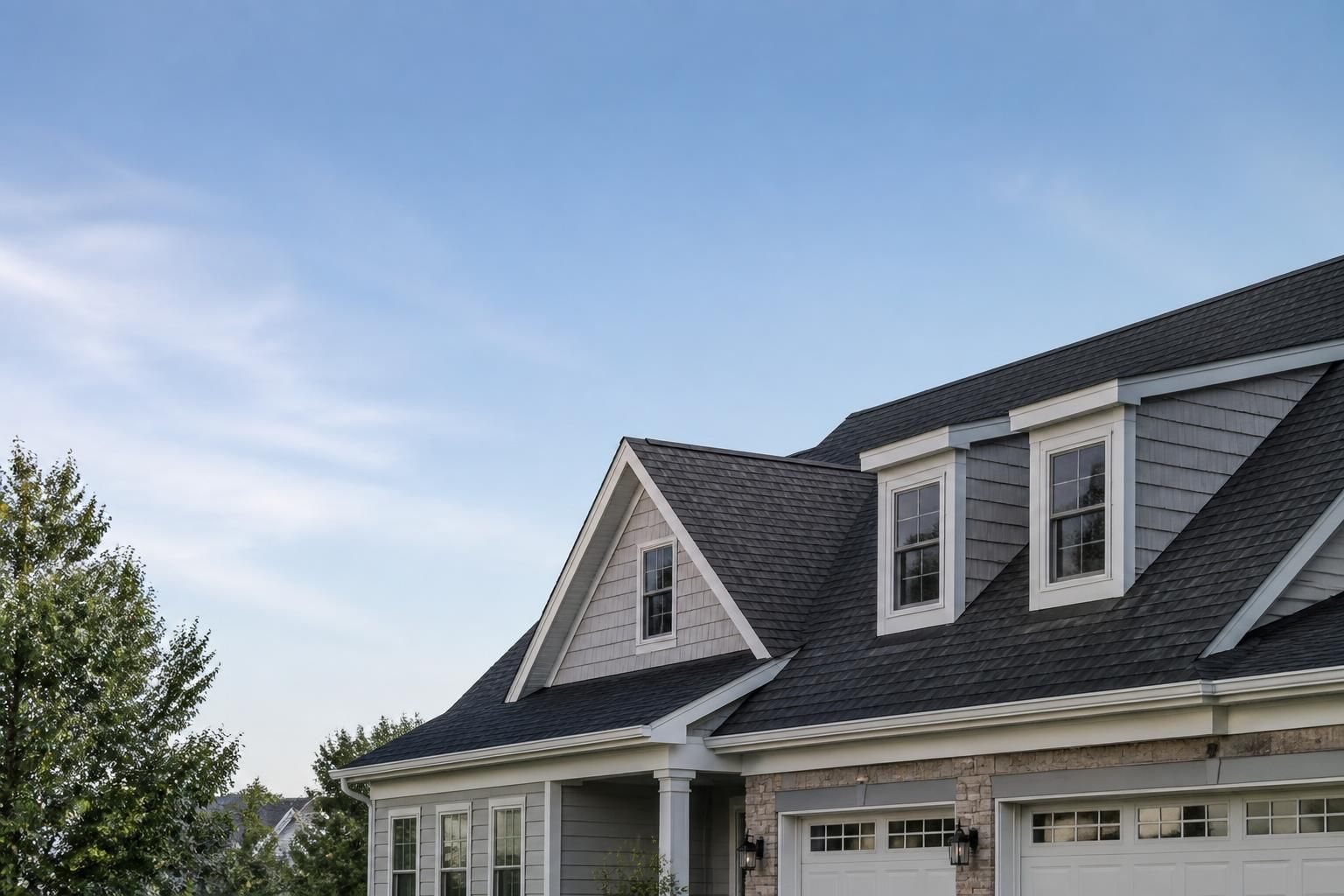Finished roof on a suburban home with open sky and negative space